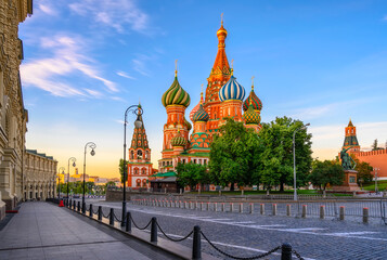 Saint Basil's Cathedral and Red Square in Moscow, Russia. Architecture and landmarks of Moscow. Sunrise cityscape of Moscow