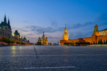 Saint Basil's Cathedral, Spasskaya Tower and Red Square in Moscow, Russia. Architecture and landmarks of Moscow. Night cityscape of Moscow
