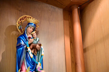 Closeup of Our lady of perpetual help statue virgin Mary with Child Jesus in the church, Thailand....