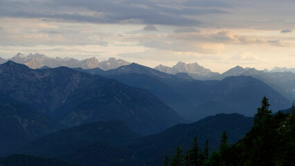 Fototapeta na wymiar Panoramic mountain view from Tegernseer hut, Bavaria, Germany