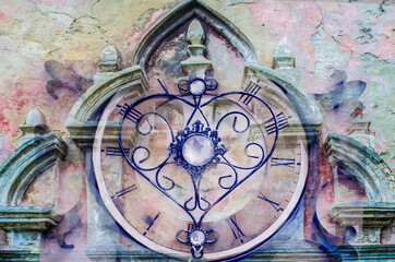 Fototapeta na wymiar Collage of vintage heart clock and architectural details.