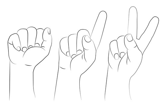 Hand gesture set. A clenched fist raised up, index finger up and two fingers raised. Vector illustration, isolated on white background. Drawing, sketch, outline