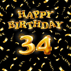 Golden number thirty four metallic balloon. Happy Birthday message made of golden inflatable balloon. 34 letters on black background. fly gold ribbons with confetti. vector illustration art