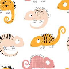 Vector hand-drawn colored childish seamless repeating simple flat pattern with chameleons in scandinavian style on a white background. Cute baby animals. Pattern for kids with chameleon. Lizard. © ZHUKO