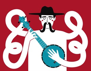 Vector illustration with long hands man playing blue banjo. Trendy music print design, concert or musical festival poster template