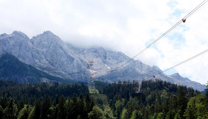 Zugspitze Panorama in Bavaria and overhead cable car - Zugspitzbahn with Mountains Waxenstein and...