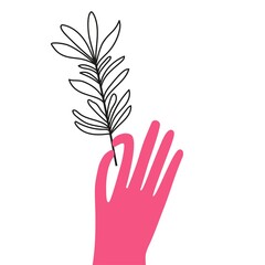Vector illustration with floral branch and pink human hand. Trendy doodle print design