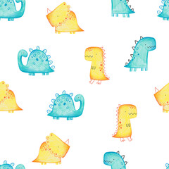 Pencil hand-drawn colored seamless repeating children pattern with cute dinosaurs in Scandinavian style on a white background. Baby pattern with dinosaurs. Cute baby animals.