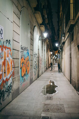 A narrow hallway with graffiti on the side of a building