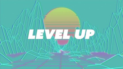 Digital animation of level up text against 3d model of mountains against sun on green background - Powered by Adobe