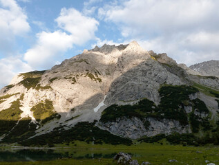 Mountain panorama view at lake Seebensee in Tyrol, Austria