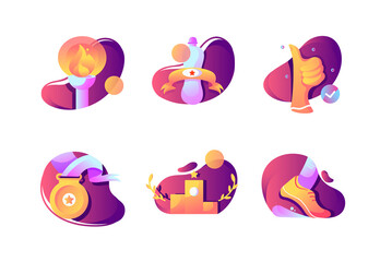 Set icons with winner cup, stopwatch, finishing tape, prize.
