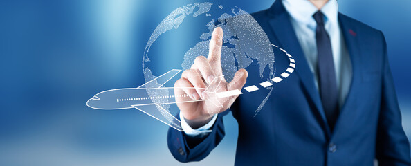 businessman touch plane connect to plan