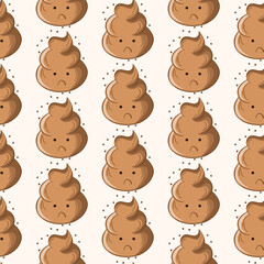 Seamless pattern with kawaii poop on white background. Cartoon poo, feces icons. Shit patterns, evil turd. Vector illustration for invitation, poster, card, fabric, textile. Doodle style