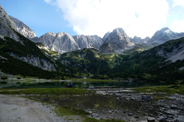 Naklejka na ściany i meble Mountain panorama view at lake Seebensee in Tyrol, Austria