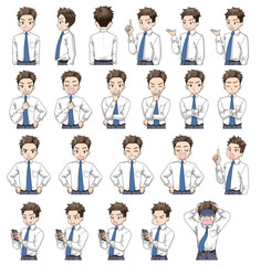 ワイシャツにネクタイをした男性の様々なポーズのイラスト