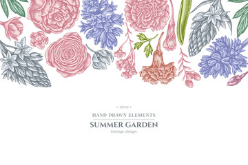 Floral design with pastel peony, carnation, ranunculus, wax flower, ornithogalum, hyacinth