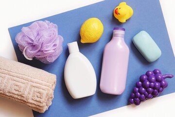 Flat lay natural organic bath products, baby care cosmetics set. Beige towel, purple sponge, shampoo bottle, shower gel, soap bar and toys on a blue background