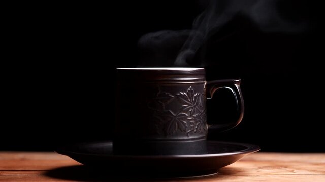 Coffee cup with natural steam smoke of coffee on wooden table, black background with copy space, slow motion. Hot Coffee Drink Concept.