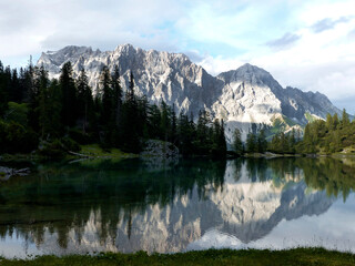Fototapeta na wymiar Zugspitze mountain and lake Seebensee view in Tyrol, Austria