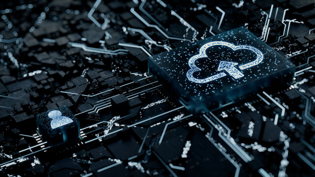 Data storage Technology Concept with cloud upload symbol on a Microchip. White Neon Data flows between the CPU and the User across a Futuristic Motherboard. 3D render.