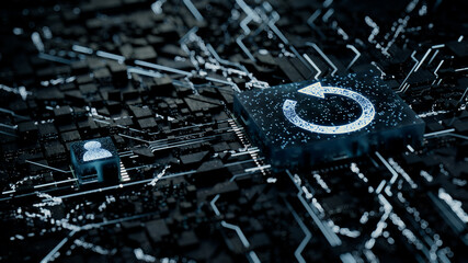 Reload Technology Concept with refresh symbol on a Microchip. White Neon Data flows between the CPU and the User across a Futuristic Motherboard. 3D render.