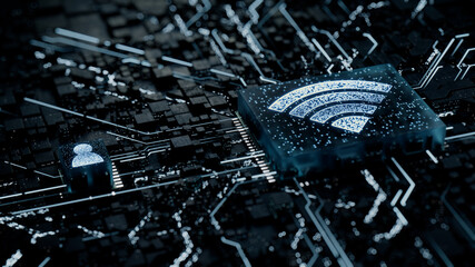 Wireless Technology Concept with wifi symbol on a Microchip. White Neon Data flows between the CPU and the User across a Futuristic Motherboard. 3D render.