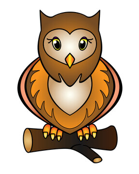 Owl - full color stock illustration. Little cute owl sits on a branch - a picture for children. Brown speckled nocturnal bird for a children's book or print
