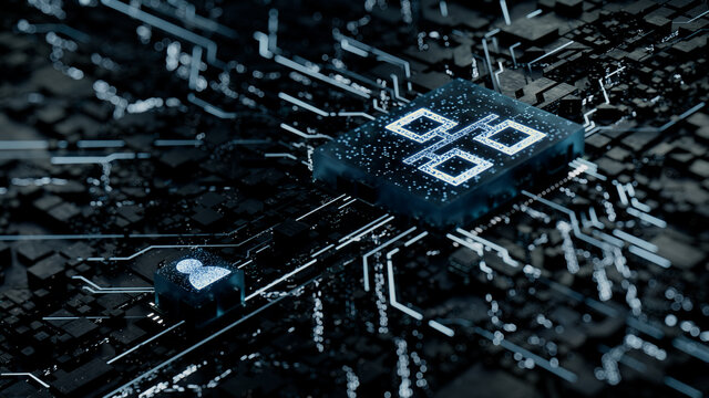 Network Technology Concept with ethernet symbol on a Microchip. White Neon Data flows between the CPU and the User across a Futuristic Motherboard. 3D render.