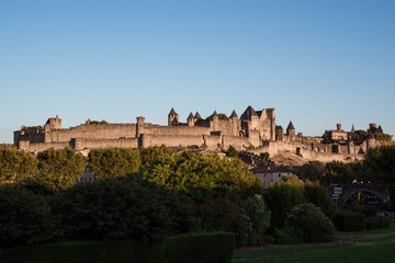 City of Carcassone seen from the new bridge. Medieval castle inscribed on the Unesco