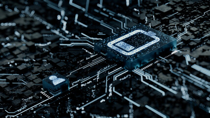 Energy Technology Concept with low battery symbol on a Microchip. White Neon Data flows between the battery and the User across a Futuristic Motherboard. 3D render.