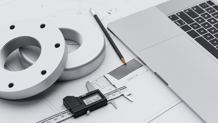 Quality control of the manufactured part of the machine. Engineer desk concept