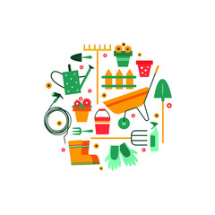 Vector illustration with garden tool icons in circle. Isolated working equipment on white background. Design element for advertisement.