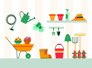 Vector illustration of gardening tools and products on a wooden shelf and hanging on a wall, hobby and diy concept.