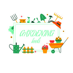 Vector gardening poster with tools, flowers, rubber boots, gardening can and wheelbarrow.