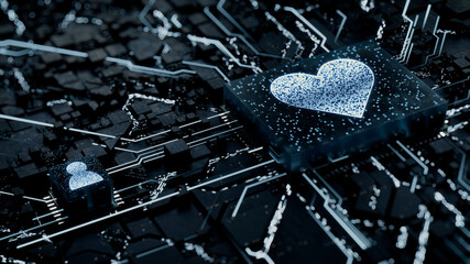 Love Technology Concept with heart symbol on a Microchip. White Neon Data flows between the CPU and the User across a Futuristic Motherboard. 3D render.