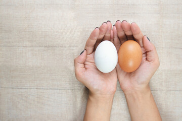 Top view hand of young asian women, holding white and yellow eggs. Different or various concept. different something concept.