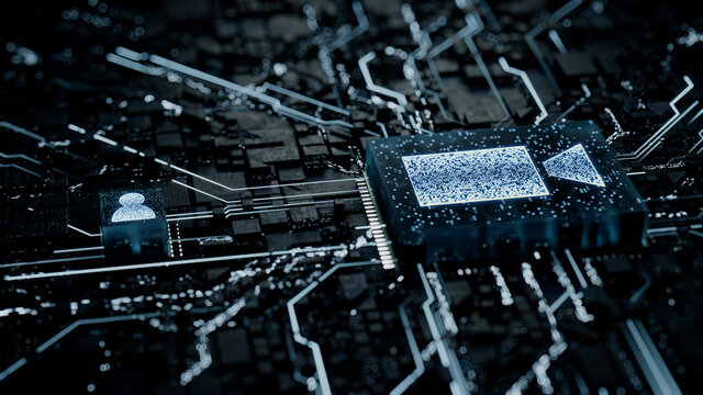 Video camera Technology Concept with Recording symbol on a Microchip. White Neon Data flows between the CPU and the User across a Futuristic Motherboard. 3D render.