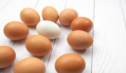 A white egg inside many egg on white table wooden background. chicken egg inside duck egg or Different human in the social or different business concept. Selective focus.Life of Alone concept.