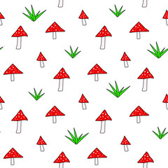 Seamless pattern with red mushrooms on white background.