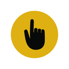 Hand pointer icon in yellow circle. Mouse navigator for computer. Application user button in smartphone. Vector graphics.