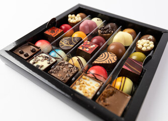 Various types of pralines. Delicious looking chocolates.