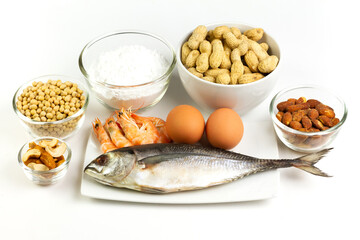 Major food allergens include egg, penuts, fish, shrimp, wheat flour, soya, almond and cashew nut isolated on white background. Allergy food concept.