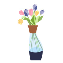 Beautiful vase with colorful tulips. Floral vase. Blooming spring flowers. Vector illustration isolated on white background
