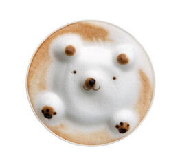 Top view hot coffee cappuccino latte art 3D bear shape foam isolated on white background, clipping path included