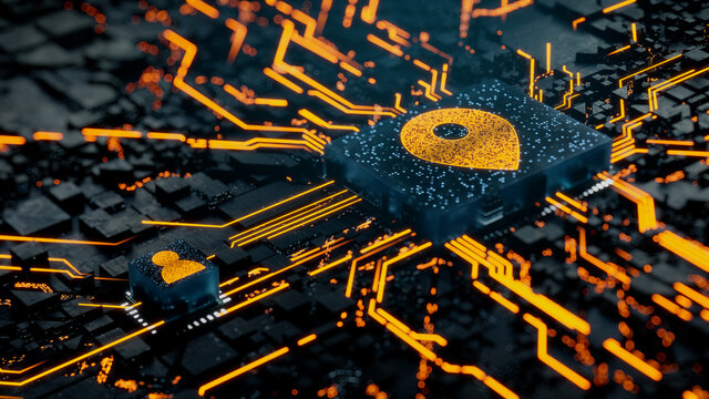Location Technology Concept with map pin symbol on a Microchip. Orange Neon Data flows between the CPU and the User across a Futuristic Motherboard. 3D render.