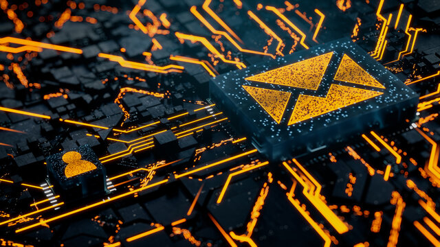 Email Technology Concept with Envelope symbol on a Microchip. Orange Neon Data flows between the CPU and the User across a Futuristic Motherboard. 3D render.