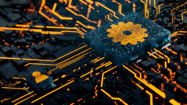 Configure Technology Concept with cog symbol on a Microchip. Orange Neon Data flows between the CPU and the User across a Futuristic Motherboard. 3D render.