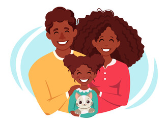 Happy black family with daughter and cat. International Day of families. Vector illustration
