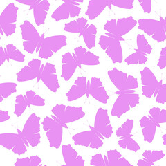 Seamless pattern of violet butterfly silhouette on white background. 